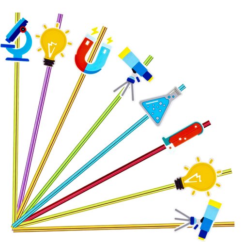 24pcs Science Theme Straws 6 Colors Reusable Plastic, Drink Cocktail Straws with Cartoon Decorations Kids Mad Scientist Party Supplies Birthday Party Favors