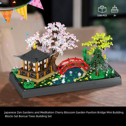 kanglejia Japanese Zen Gardens and Meditation Cherry Blossom Garden Pavilion Bridge Mini Building Blocks Set Bonsai Trees Building Set for Adults and Kids Toy Building Sets (2280 Pcs)