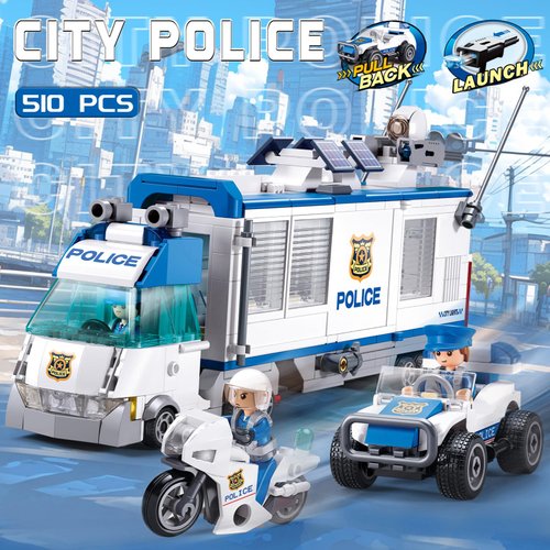 Police Car Command Center Police Truck, Police Mobile Car Building Toy, Motorcycle, Police Cop Patrol, 4 Minifigures Compatible with Lego City Police Transporter Truck, Ideal Gift 6-12 Kids, 510pcs