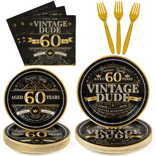 DECORLIFE 96PCS 60th Birthday Plates and Napkins Set Serves 24 Guests, 60th Birthday Decorations for Men, Vintage Dude 1964 Party Supplies