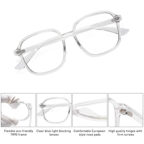 SOJOS Square Blue Light Blocking Glasses Oversized for Women TR90 Frame Filter SJ5081 with Crystal Frame/Anti-Blue Light Lens