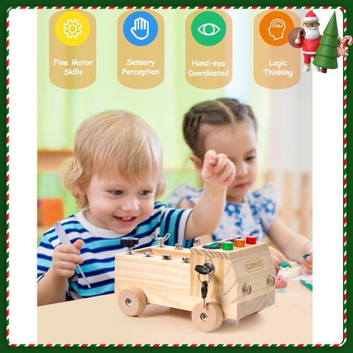 MORITECK Montessori Busy Board with LED Light, Screwdriver Tool Set Toddler Toys, Wooden Sensory Montessori Toys for 3+ Year Old Kids