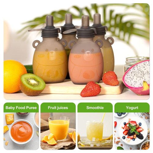 Haakaa Happii Bear Silicone Goody Pouch,Reusable Baby Food Pouches for Homemade Organic Purees, Juices, Smoothies, and Yogurt - Perfect for Toddlers and Kids - 2 Pack, 6oz