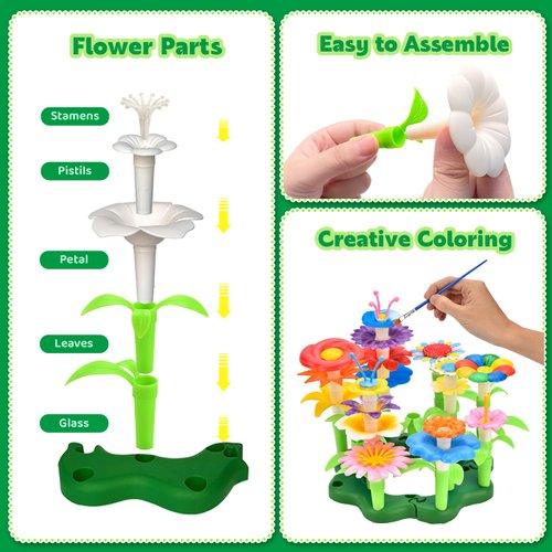 Pairez Toys Flowers Building Blocks Toys, Kids Gardening Set with Paint, Arts & Crafts Kits for Boys & Girls, Flower Pretend Gardening Birthday Gifts for Girls Age 6 7 8 9 10+