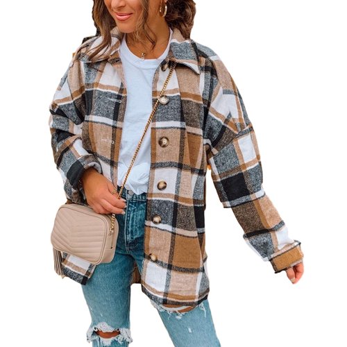 Yeokou Women's Fall Color Block Plaid Flannel Shacket Jacket Button Down Shirt Coat Tops(Khaki-M)