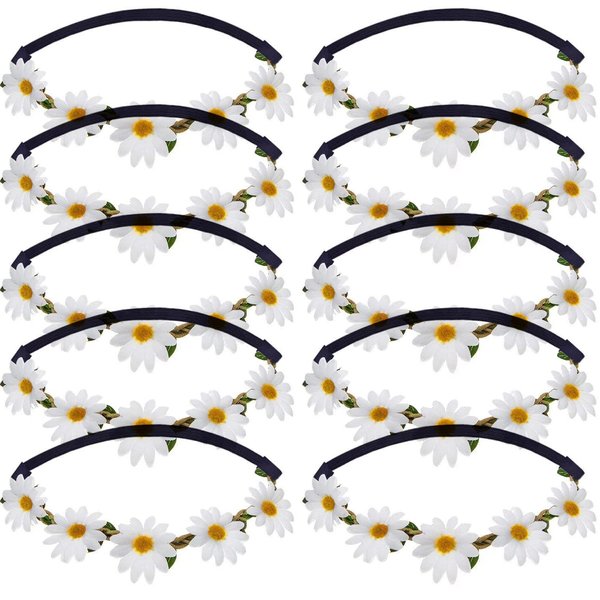 Pursuestar 10Pcs Daisy Flower Headband Crown Floral Garland Head Cap Hair Wreath for Festival Wedding Party Beach Vacation Decoration - White