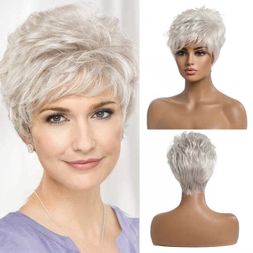EMMOR Short Silver Grey Human Hair Wigs for Women Blend Pixie Cut Wig With Bang,Natural Daily Use Hair (Color 101#)