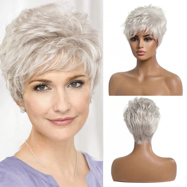 EMMOR Short Silver Grey Human Hair Wigs for Women Blend Pixie Cut Wig With Bang,Natural Daily Use Hair (Color 101#)