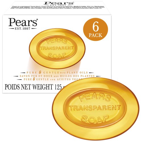 PEARS Soap, Face & Body Soap, Amber – Pure & Gentle Transparent Bar Soap, Moisturizing Glycerin Soap with Natural Oils for Pampered, Glowing Skin, 4.4 Oz (Pack of 6)
