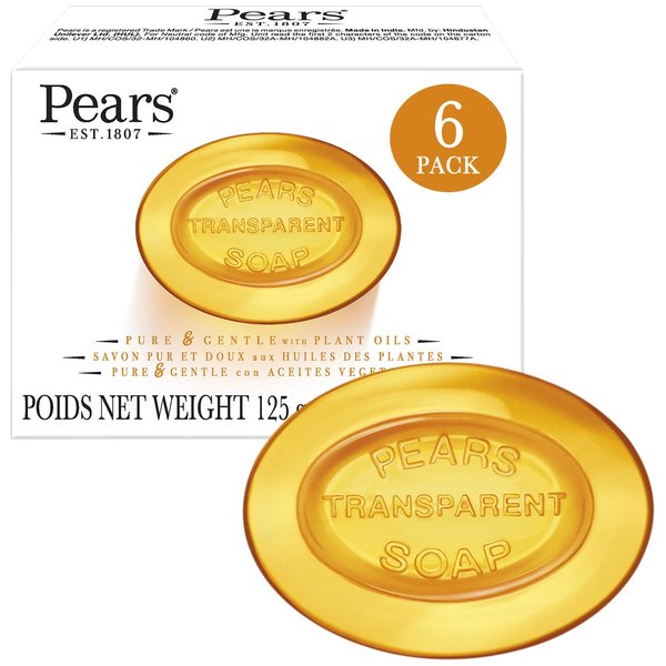 PEARS Soap, Face & Body Soap, Amber – Pure & Gentle Transparent Bar Soap, Moisturizing Glycerin Soap with Natural Oils for Pampered, Glowing Skin, 4.4 Oz (Pack of 6)