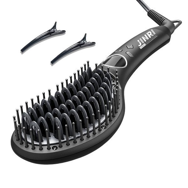 JINRI Hair Straightener Brus,30S Fast Heating Ceramic Hair Straightener Comb & Iron with Anti-Scald,Travel & Salon，Best Soft Round Touch Body for Home, Black