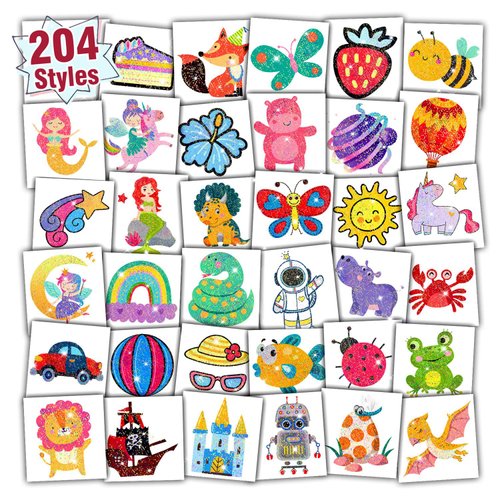 Partywind 204 Glitter Styles Individually Wrapped Sheets Kids Fake Tattoos, Birthday Surprise for Boys and Girls Party Supplies Favors, Waterproof Tattoo Stickers for Goodie Bag Stuffers