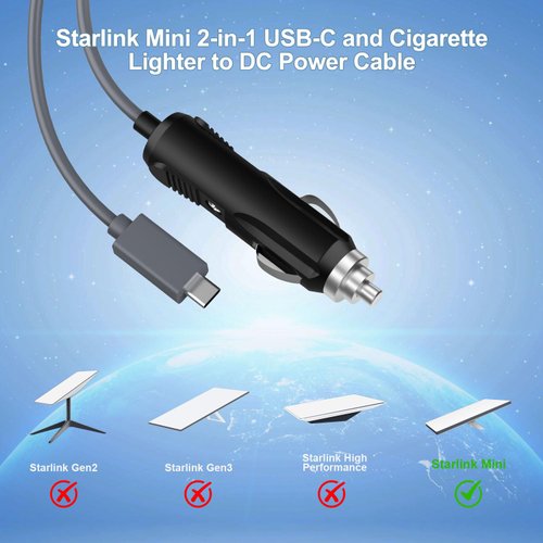 HVMKSR Starlink Mini Power Cable USB C+Cigarette Adapter to DC Power Cord 100W, Car Charger and Type-C for Starlink Mini 16.4FT/5M 12V-24V DC Power Cord