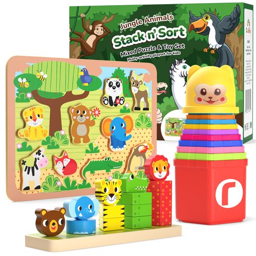 CoolToys Stack n' Sort Baby Toddler Learning Toys, 3 Developmental Educational Game Set, Nesting & Stacking Cups, Shape & Color Sorting Stackable Wooden Pieces, Montessori Wooden Puzzle, Jungle Theme