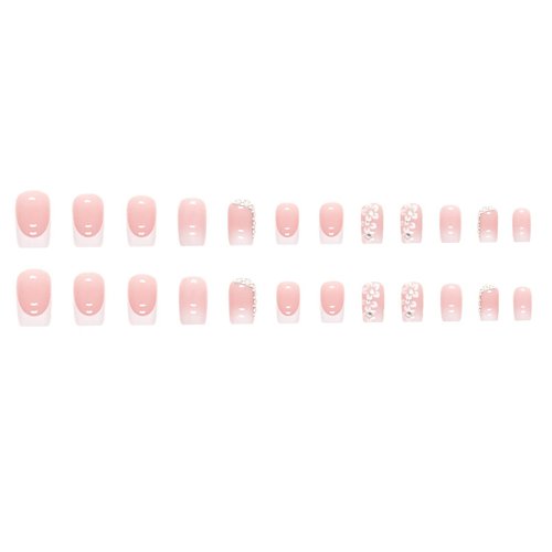 BABALAL Square Press on Nails Medium Fake Nails Pink White French Glue on Nails Squoval Acrylic Nails 3d Flower Rhinestones Stick on Nails for Women and Girls
