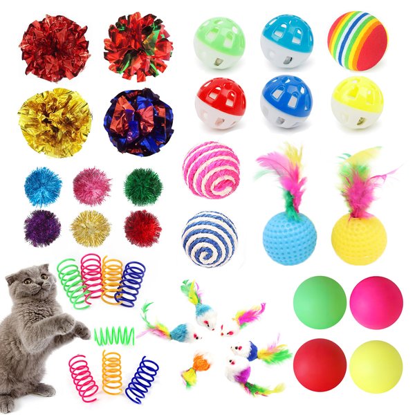 POSAPET 38 Pcs Cat Toy Kitten Toys Assortments, Interactive Cat Toy Balls with Bells, Including Furry Cat Toy Mice, Crinkle Ball, Sisal Ball and Ping-Pong for Cat Puppy Kitten