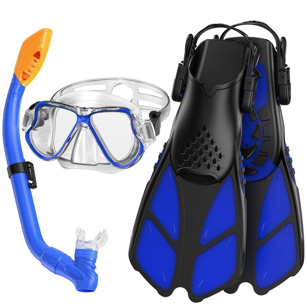 Kids Mask Fin Snorkel Set for 3-7 Years Old Boys and Girls with Panoramic Snorkel Mask Diving Goggles Dry Top Snorkel and Adjustable Fins for Snorkeling Swimming Freediving blue
