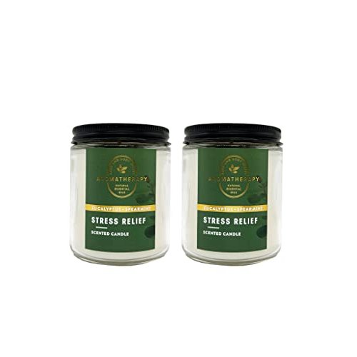 Bath & Body Works Stress Relief Aromatherapy Scented Candles | Eucalyptus Spearmint Scent | | Soy Based Wax | dfrDhp | NaturalEssential Oils | 2 Pack | 7 Oz Each