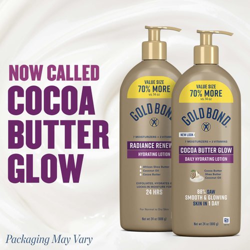 Gold Bond Cocoa Butter Glow Daily Hydrating Lotion with Shea Butter, Cocoa Butter & Coconut Oil, Exfoliating Moisturizer for Dry Skin, 24 oz.