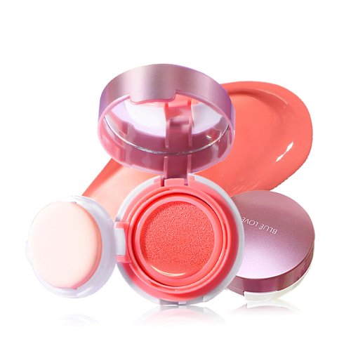 BLUE LOVE Cushion Liquid Blush for Cheeks with Mirror, Natural and Elegant Face Makeup Blush Cream, Silky Face Blushes Cheek Tint, Contour & Highlight Face for Sheer Finish (Pink Orange)