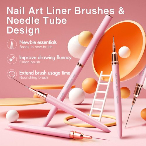 Nail Art Liner Brushes - Eptbsdu 5PC Nail Art Brush for Long Lines, Liner Brush UV Gel Polish Painting Nail Design Brush Metal Handle Nail Drawing Pens, Sizes 4/8/12/20/25mm