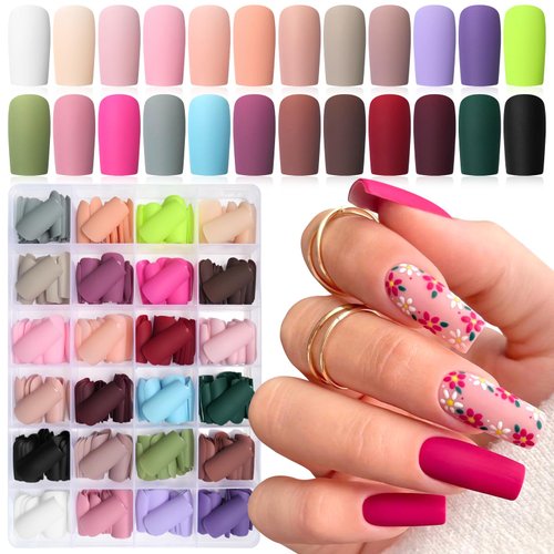 LoveOurHome 576pc Square Press on Nails Medium Fake Nails Tips Full Cover Matte Maedium Acrylic Nails Press ons Nail Colored False Square Artificial Fingernails 24 Colors 10 Sizes for Women Girls