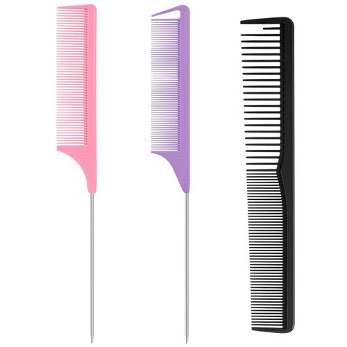 3Pcs Parting Metal Combs Set - Teasing Fine Tooth Comb, Long Steel Pin Rat Tail Comb, Barber Hair Styling Tools (Black, Pink, Purple)