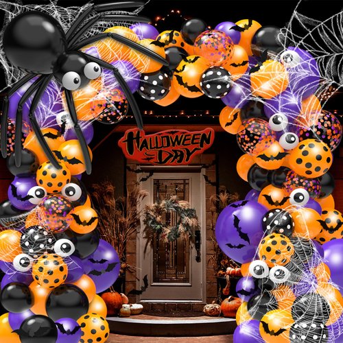 Gojmzo 126 PCS Halloween Balloon Garland Arch Kit, Purple Orange and Black Confetti Balloons with Spider Web Bats for Halloween Party Decorations, Halloween Decorations Indoor Outdoor