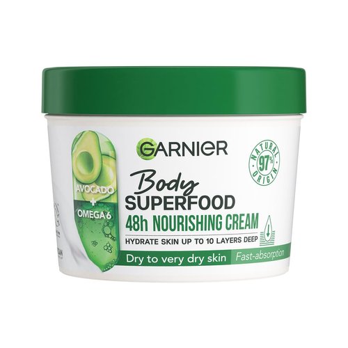 Garnier Nourishing Body Care for Dry Skin, Body Butter with Avocado and Omega 6, for up to 48 Hours of Moisture, Body Superfood, 1 x 380 ml