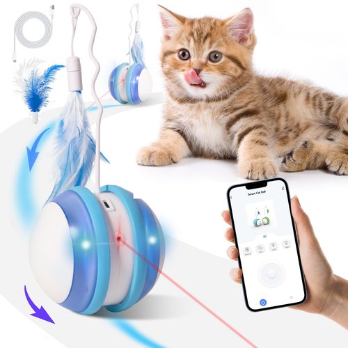 PKNOVEL Interactive Cat Ball Toy, APP Control Automatic Cat Toys with 3 Moving Modes, Smart Cat Feather Toys with LED Light, Rechargeable Fun Cat Toys Gift for Indoor Cats, Kitten, Small Dogs