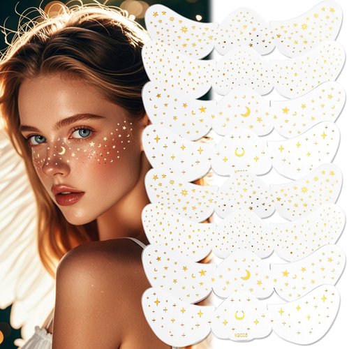 ZLFSRQ 8Pcs Gold Glitter Freckles Makeup Patches Face Tattoo Stickers Waterproof Temporary Stardust Beauty Facial Tattoos Cute Glitter Speckle Makeup Accessories for Women Holiday Dance Music Party