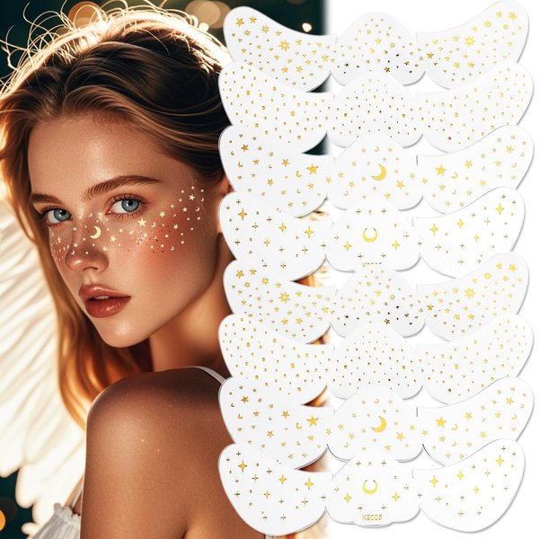 ZLFSRQ 8Pcs Gold Glitter Freckles Makeup Patches Face Tattoo Stickers Waterproof Temporary Stardust Beauty Facial Tattoos Cute Glitter Speckle Makeup Accessories for Women Holiday Dance Music Party