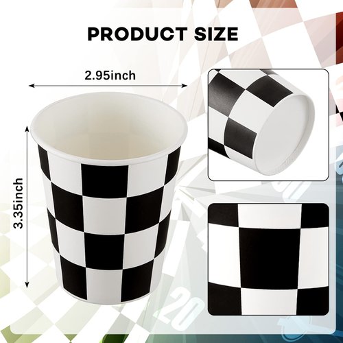 100 Pieces Checkered Cups 9 oz Checkered Paper Flag Race Car Cups Party Supplies Black and White Cups Bulk Disposable Beverage Cups for Checkered Themed Birthday Party Decorations