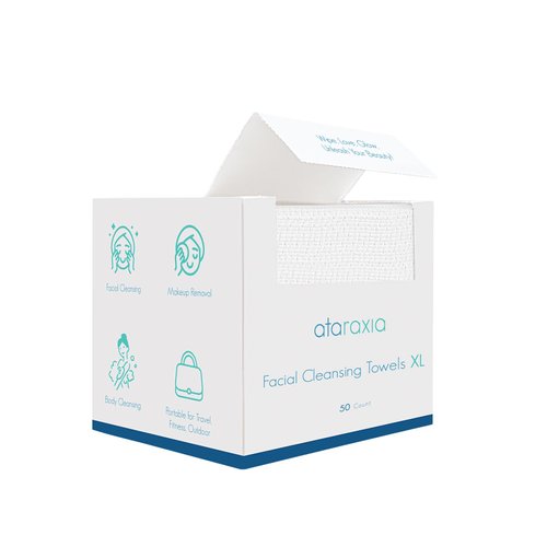 ataraxia Disposable Face Towels XL, Cotton Clean Towel for Face Travel Pack of 50, 10x12'' Extra Thick Soft Facial Cleansing Towelettes Wipes for Drying | Washing | Skin Care | Makeup Removing
