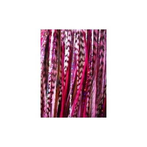 Pink Feather Hair Extensions with 2 Glitter Strands Bonded Together At the Tip 5 Feathers in tota...
