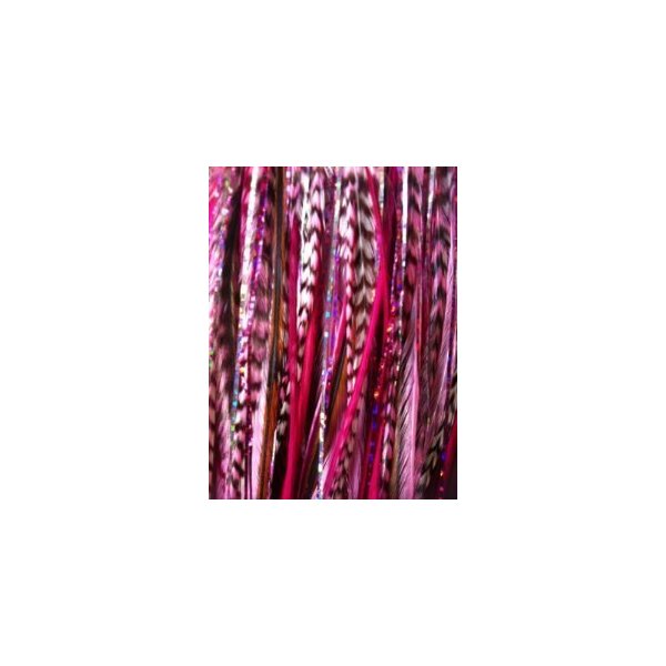 Pink Feather Hair Extensions with 2 Glitter Strands Bonded Together At the Tip 5 Feathers in total bonded together at the tip