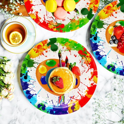 GOGUOGOFA 50 Pcs Art Paint Paper Plates Art Painting Party Supplies 7" Art Paint Dessert Plates Art Painting Plates for Painting Theme Baby Shower Art Paint Birthday Party Decorations