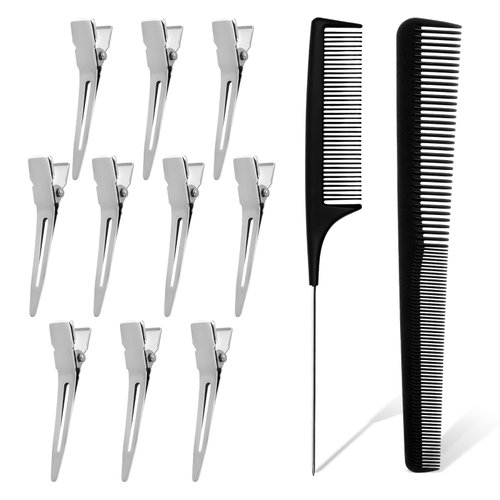 22 Pieces Hair Comb Set, Locks Comb Rat Tail Comb with 50 Dread Clips Loc Clips for Retwist Taper Hair Comb and Double Prong Hair Clips for Men and Women Wavy Curls Hair Types