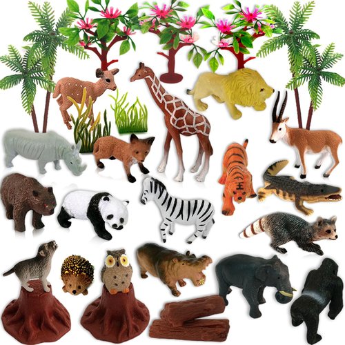 QuarenDen Animals Figures Toys, Realistic Wild Zoo, 29Pcs, Model Trees with Safari Animals, Plastic Figurines Playset for Kids' Learning & Party