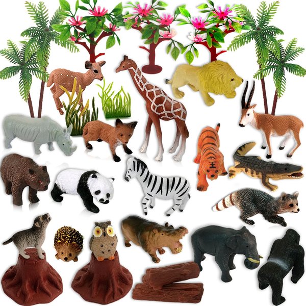 QuarenDen Animals Figures Toys, Realistic Wild Zoo, 29Pcs, Model Trees with Safari Animals, Plastic Figurines Playset for Kids' Learning & Party