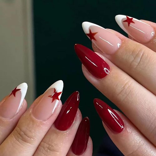 24 Pcs Almond Press on Nails Medium RIICFDD French Tip Fake Nails Wine Red Full Cover False Nails Star Designs Y2K Nails Glossy Press on Nail for Women Girls Acrylic Nails