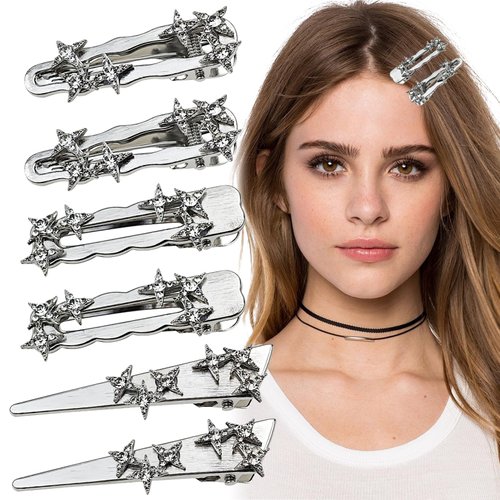 Arvintas 6 Pack Y2K Silver Star Hair Clips, Non-slip Metal Hair Barrettes, Rhinestone Star Hair Clips, Hair Accessories for Women and Girls