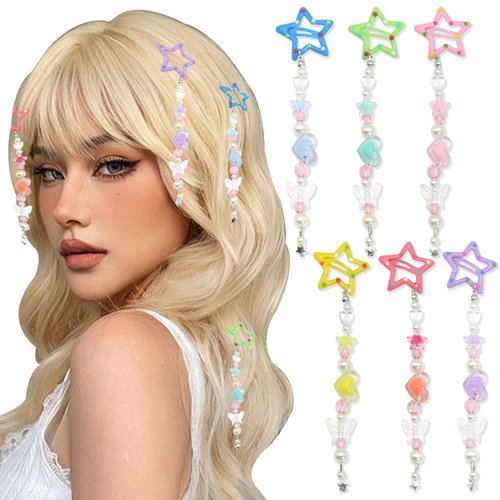SAWINDA Star Hair Clips 6 Pack - Cute Butterfly Pearl Beaded Pendant Hair Jewelry - Non-Slip Star Hair Accessories - Hair Pins for Women and Girls