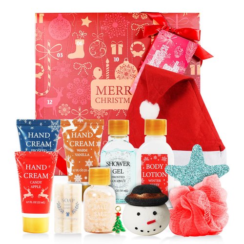 Advent Calendar 2024 BFFLOVE 12-Piece Holiday Beauty Advent Calendar Bath GIft Set with Hand Creams, Spa Bath Essentials, Christmas Hat, 2024-12 Days of Christmas Skincare Gifts for Women