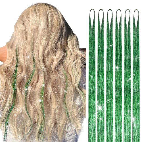 DOORES Green Hair Tinsel, 6 Pcs 48 Inch 1200 Strands Hair Tinsel Stylable Sparkling Shiny Glitter Fairy Hair for Women Girl Kids Christmas Hair Extensions Halloween Cosplay Party