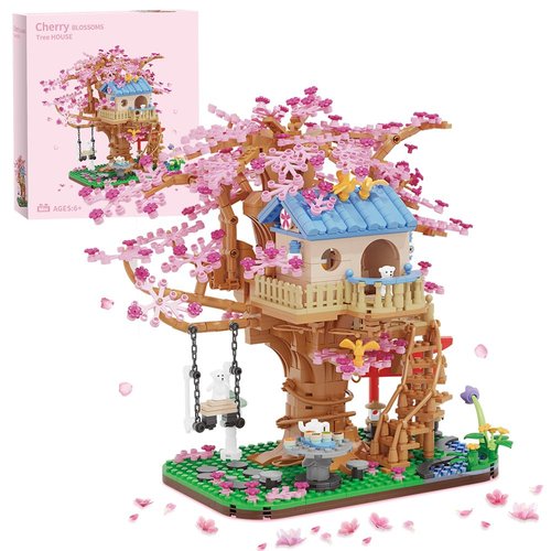 Cherry Blossom Tree Building Set with Light, Japanese Cherry Tree House Architecture Building Blocks Toy, 1466pcs Mini Brick Gift for Adults Girls Age 14+ (Not Compatible with Lego)