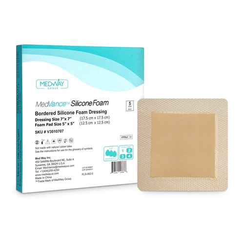 MedVance TM Silicone - Bordered Silicone Adhesive Foam Dressing Size 7"x7" (5"x5" pad), Box of 5 dressings