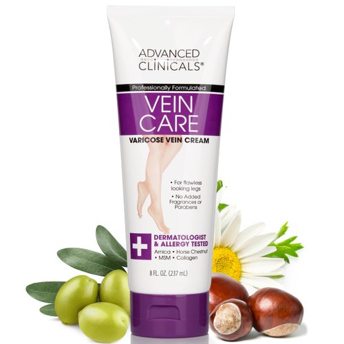 Advanced Clinicals Varicose Veins Cream For Legs | Spider Vein & Varicose Vein Cream | Collagen Cream | Vitamin K Cream | Arnica Cream | Strengthens Capillaries & Improves Circulation, 8 Fl Oz