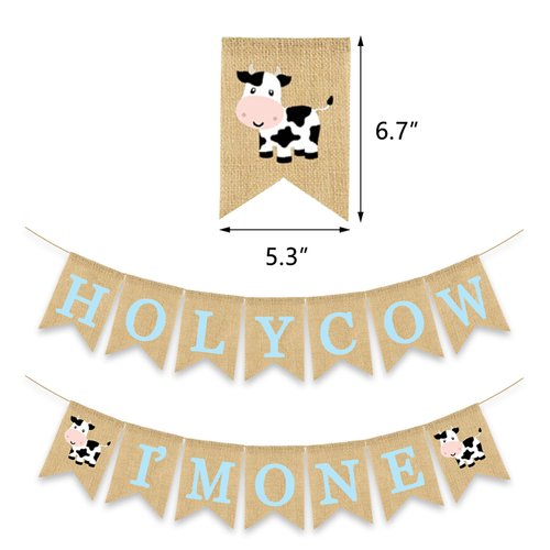 Gankbite Holy Cow I'm One Banner Farm 1st Birthday Party Decoration Barnyard Burlap Garlands Western Boy First Birthday Supplies Blue