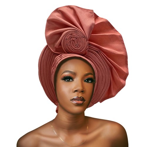 QliHut Nigerian Headtie African Head Wraps Aso Oke Gele Already Made Handmade African Turban Cap For Party (peach)